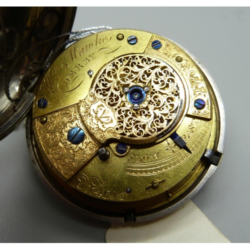 1067 - A silver pair cased verge fusee pocket watch with diamond end stone, William Mawkes, Derby, the case... 