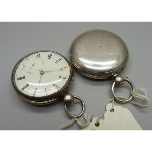 1068 - Two silver cased pocket watches, one Detached Lever by W. P. Moss, Chester 1833, hinge a/f, the othe... 