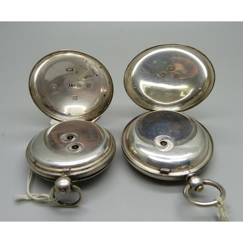 1068 - Two silver cased pocket watches, one Detached Lever by W. P. Moss, Chester 1833, hinge a/f, the othe... 