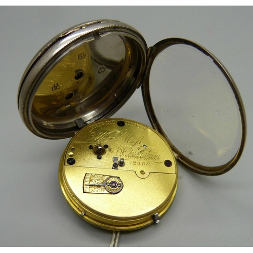 1068 - Two silver cased pocket watches, one Detached Lever by W. P. Moss, Chester 1833, hinge a/f, the othe... 