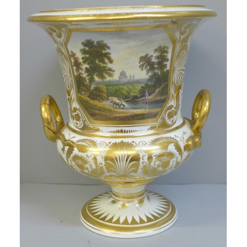 617 - A Derby porcelain campana 'In Italy' two handled vase with hand painted panel, one handle a/f