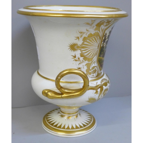 617 - A Derby porcelain campana 'In Italy' two handled vase with hand painted panel, one handle a/f