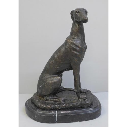 623 - A bronze figure of a greyhound on marble base, 19cm