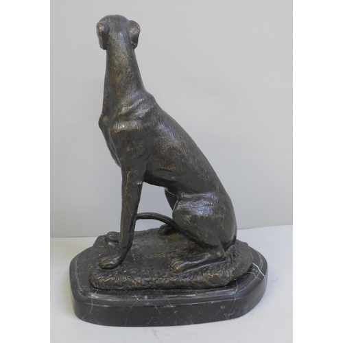 623 - A bronze figure of a greyhound on marble base, 19cm