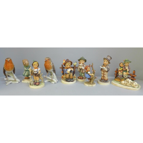 627 - Nine Goebel/Hummel figures, Apple Tree Girl, Carol Singer, Boy With Lamb, etc., some a/f