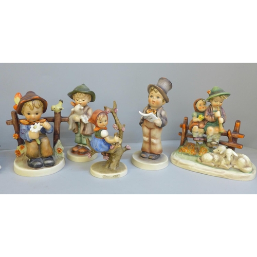 627 - Nine Goebel/Hummel figures, Apple Tree Girl, Carol Singer, Boy With Lamb, etc., some a/f