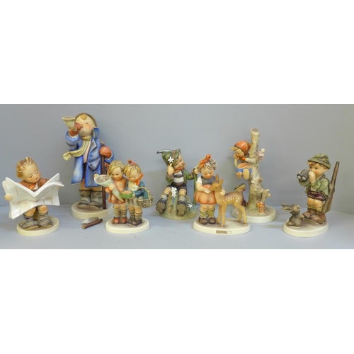 630 - Seven Hummel figures including Boy Reading Paper, Doh!, Boy With Binoculars, Little Boy Blue, a/f