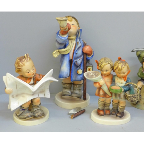 630 - Seven Hummel figures including Boy Reading Paper, Doh!, Boy With Binoculars, Little Boy Blue, a/f