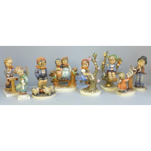 633 - Eight Hummel figures including Bird Duet, Boy and Piglets, Apple Tree Boy, Girl on Tree, Apple Tree ... 