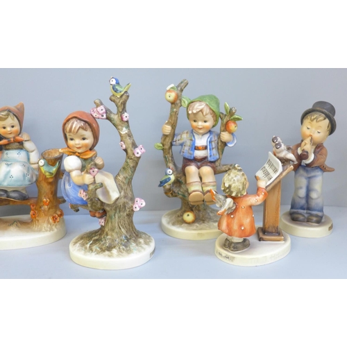 633 - Eight Hummel figures including Bird Duet, Boy and Piglets, Apple Tree Boy, Girl on Tree, Apple Tree ... 