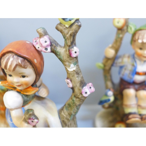 633 - Eight Hummel figures including Bird Duet, Boy and Piglets, Apple Tree Boy, Girl on Tree, Apple Tree ... 