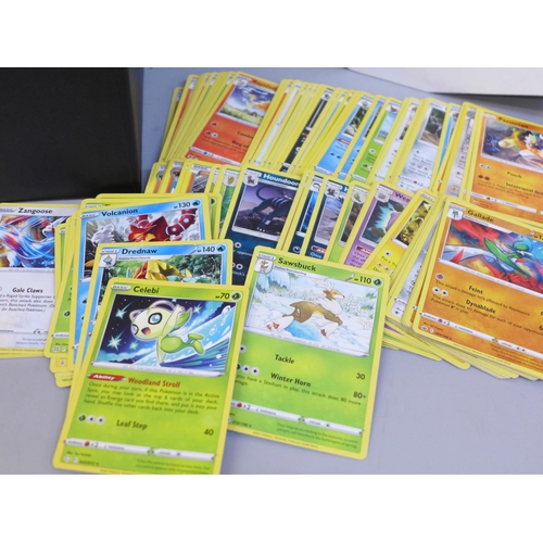 636 - 350 Black Star rare Pokemon cards, different years and sets in collectors box with dice, etc.