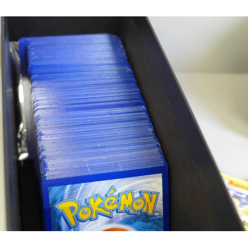 636 - 350 Black Star rare Pokemon cards, different years and sets in collectors box with dice, etc.