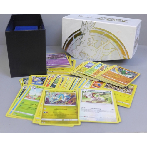 637 - 350 Black Star rare Pokemon cards, different years and sets in collectors box with dice, etc.