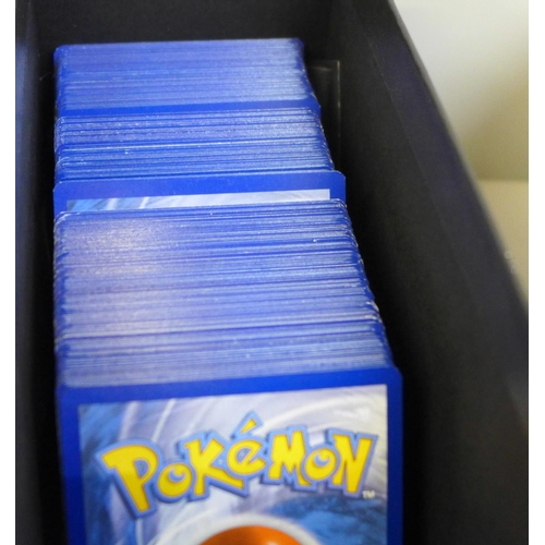 637 - 350 Black Star rare Pokemon cards, different years and sets in collectors box with dice, etc.