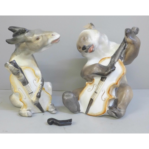 643 - Two Lomonosov animal figures, Bear with double bass and Donkey with double bass, Donkey a/f