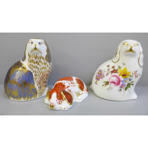 656 - Three Royal Crown Derby paperweights; Posie Spaniel, King Charles Spaniel and Puppy, all with gold s... 