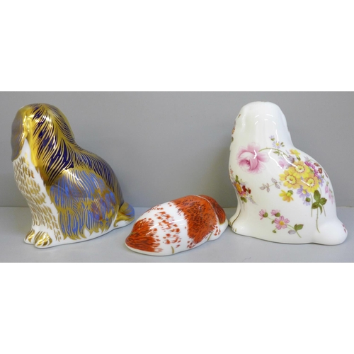 656 - Three Royal Crown Derby paperweights; Posie Spaniel, King Charles Spaniel and Puppy, all with gold s... 