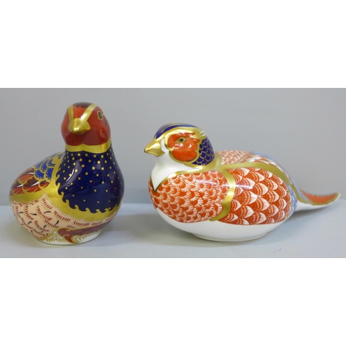 657 - Two Royal Crown Derby paperweights; Pheasant and Partridge, Partridge with gold stopper