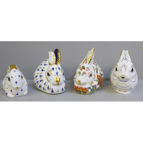 659 - Four Royal Crown Derby paperweights, Baby Rabbit, Meadow Rabbit, Bunny and Rabbit, all with gold sto... 