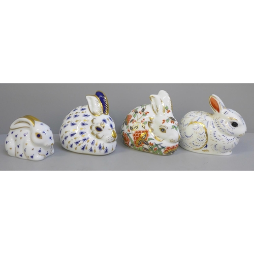 659 - Four Royal Crown Derby paperweights, Baby Rabbit, Meadow Rabbit, Bunny and Rabbit, all with gold sto... 