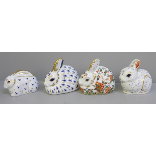 659 - Four Royal Crown Derby paperweights, Baby Rabbit, Meadow Rabbit, Bunny and Rabbit, all with gold sto... 