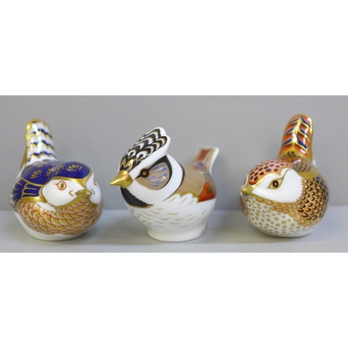 660 - Three Royal Crown Derby paperweights; Crested Tit, Derby Wren and Wren, all with gold stoppers