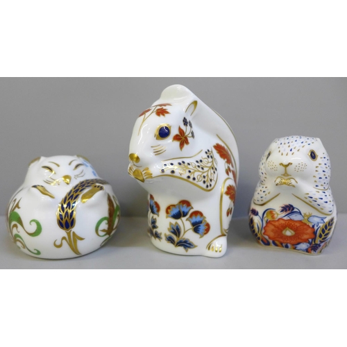 661 - Three Royal Crown Derby paperweights, Poppy Mouse, Dormouse and Squirrel, two gold and one silver st... 