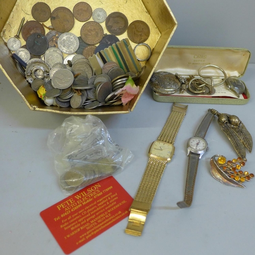 683 - Two Oris wristwatches, other watches, coins and costume jewellery