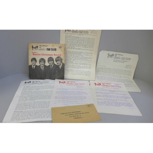 698 - Beatles Fan Club material; 1960s letters, Christmas flexi disc, Fan Club poster, etc.