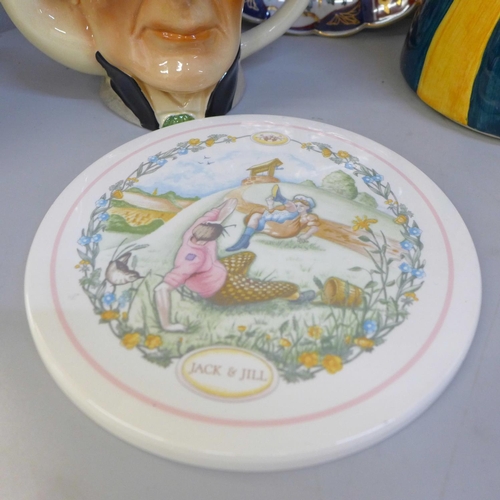 714 - Five Wedgwood nursery plaques, boxed, two Tony Wood character teapots and an oriental plate