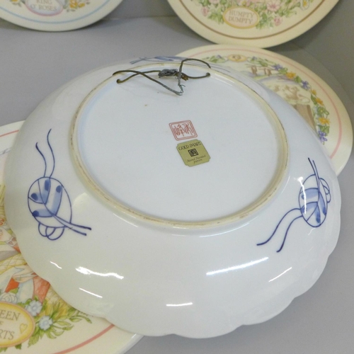 714 - Five Wedgwood nursery plaques, boxed, two Tony Wood character teapots and an oriental plate