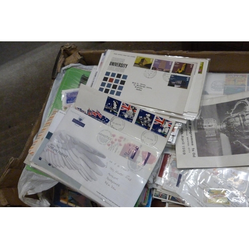 758 - Stamps; World accumulation in a box with GB presentation packs, world and GB first day covers and ba... 