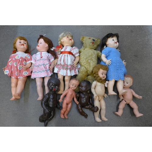 759 - A jointed Teddy bear and a collection of dolls including Roddy and BND