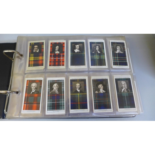 766 - Cigarette cards; ten complete sets of cigarette cards in album, including Mitchells Clan Tartans, Ar... 