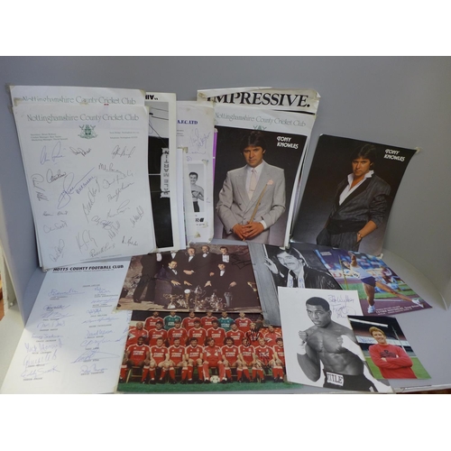 773 - Sports autographs including Notts County signed team sheet, Notts Cricket, Liverpool, Aston Villa, s... 