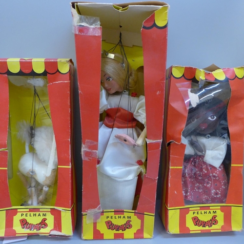 775 - Five Pelham puppets, three boxed, boxes a/f