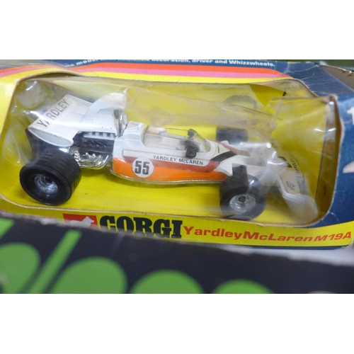 785 - Vintage Scalextric barriers, Corgi (Corgi 151 Yardley McLaren M19A Formula 1 car) and Matchbox model... 