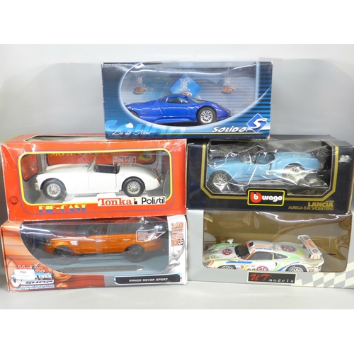 794 - Five 18th scale model vehicles, boxed, including Burago, Lancia and Tonka Polistil MG A