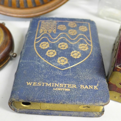 799 - A barometer, a Westminster Bank cash tin, a Russian monocular, a Chinese wooden chest, three bottles... 