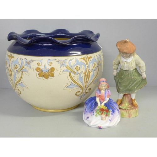 802 - A Langley Ware jardiniere, a Royal Doulton figure Monica, and one other figure