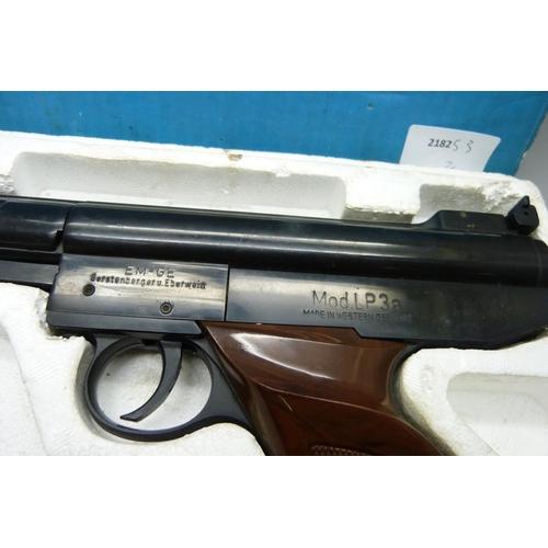 813 - A West German EMGE model LP3a air pistol, 5.5mm, boxed