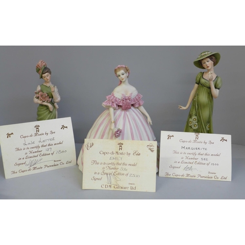 815 - Three Capodimonte figures, Emily, number 506 of 2500, Love Letter, number 139 of 1500 and Marguerite... 