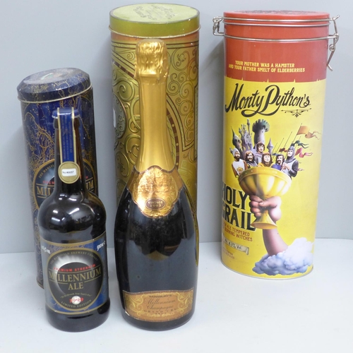 828 - A bottle of Millennium champagne and a bottle of Millennium Ale, with an empty tin, Monty Python's H... 