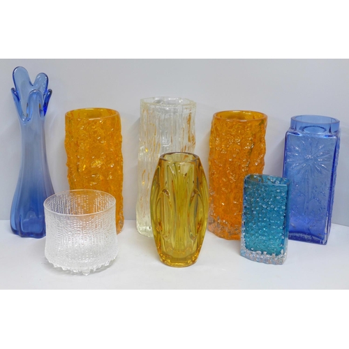 829 - Eight 1960s/70s glass vases, including two Whitefriars tangerine vases designed by Geoffrey Baxter