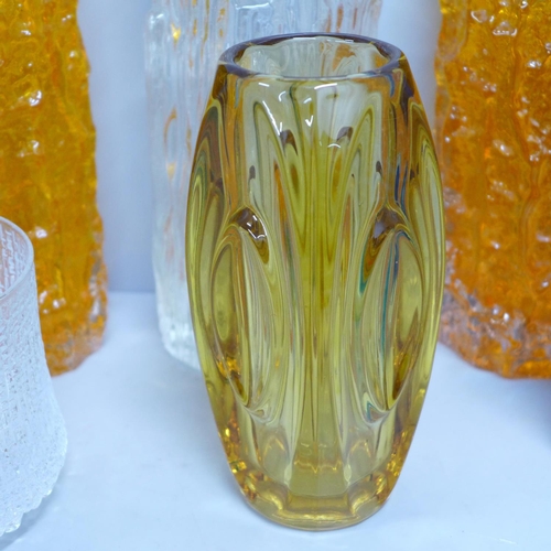 829 - Eight 1960s/70s glass vases, including two Whitefriars tangerine vases designed by Geoffrey Baxter