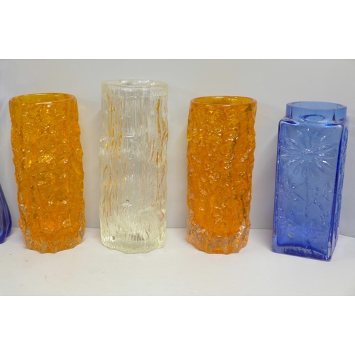 829 - Eight 1960s/70s glass vases, including two Whitefriars tangerine vases designed by Geoffrey Baxter