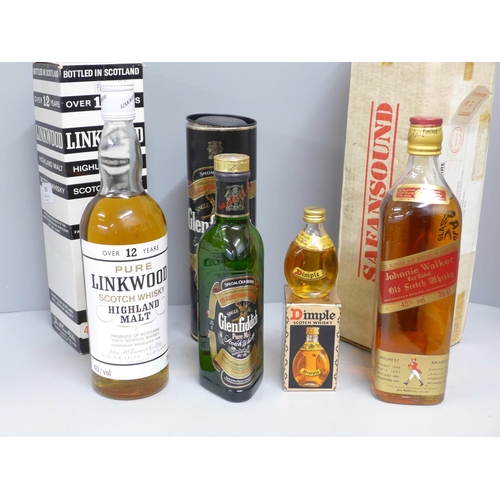 835 - Three bottle of whisky, Linkwood Highland Malt, Glenfiddich and a John Haig miniature