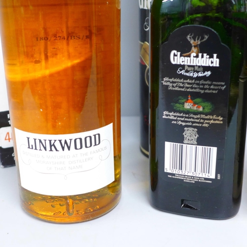 835 - Three bottle of whisky, Linkwood Highland Malt, Glenfiddich and a John Haig miniature