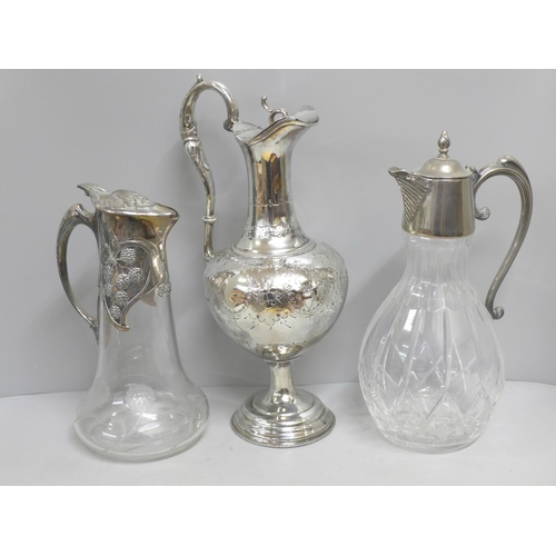 836 - Three claret jugs including one silver plated